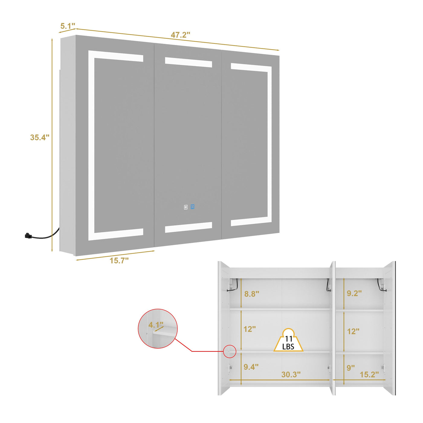 47.2" Modern Frameless Medicine Cabinet with Mirror and 3 Shelves