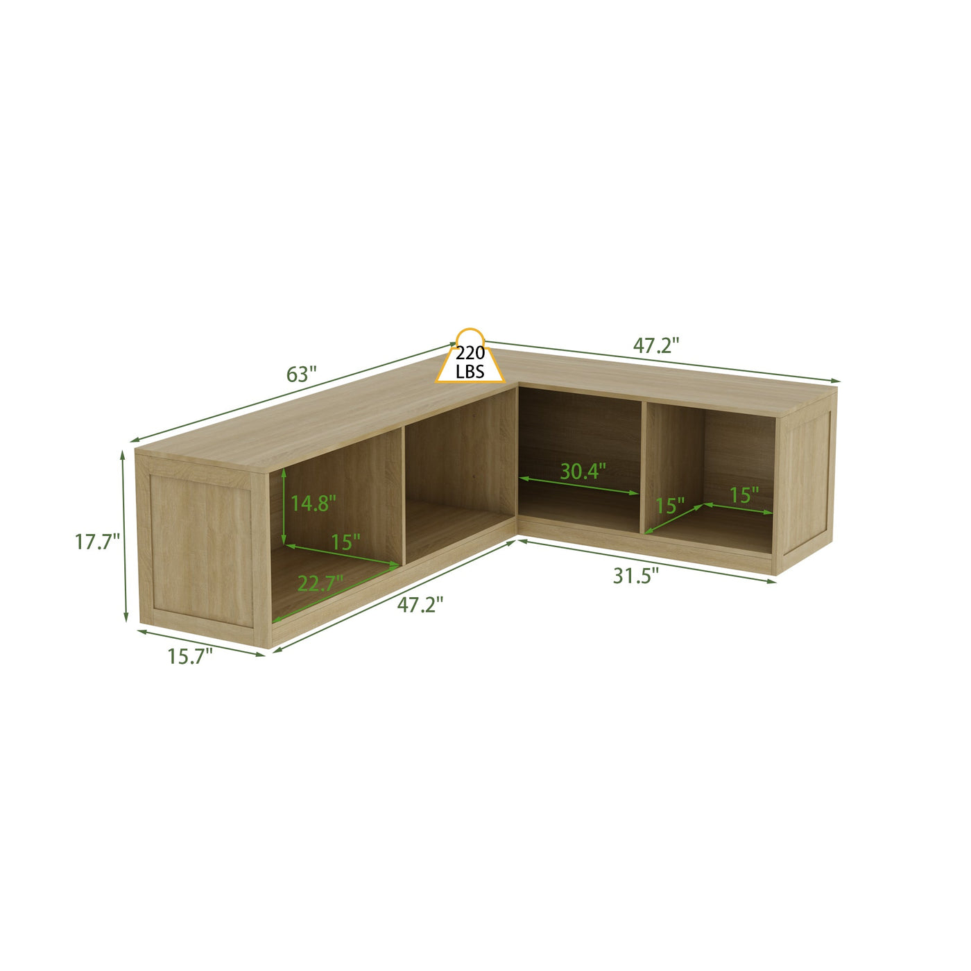 63" Modern Oak Corner Wooden Bench with Storage Compartments