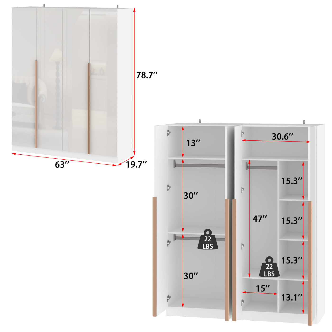 63" White High Gloss Engineered Wood 4-Door Bedroom Wardrobe with Long Gold Handles & Multi-Zone Clothing Storage