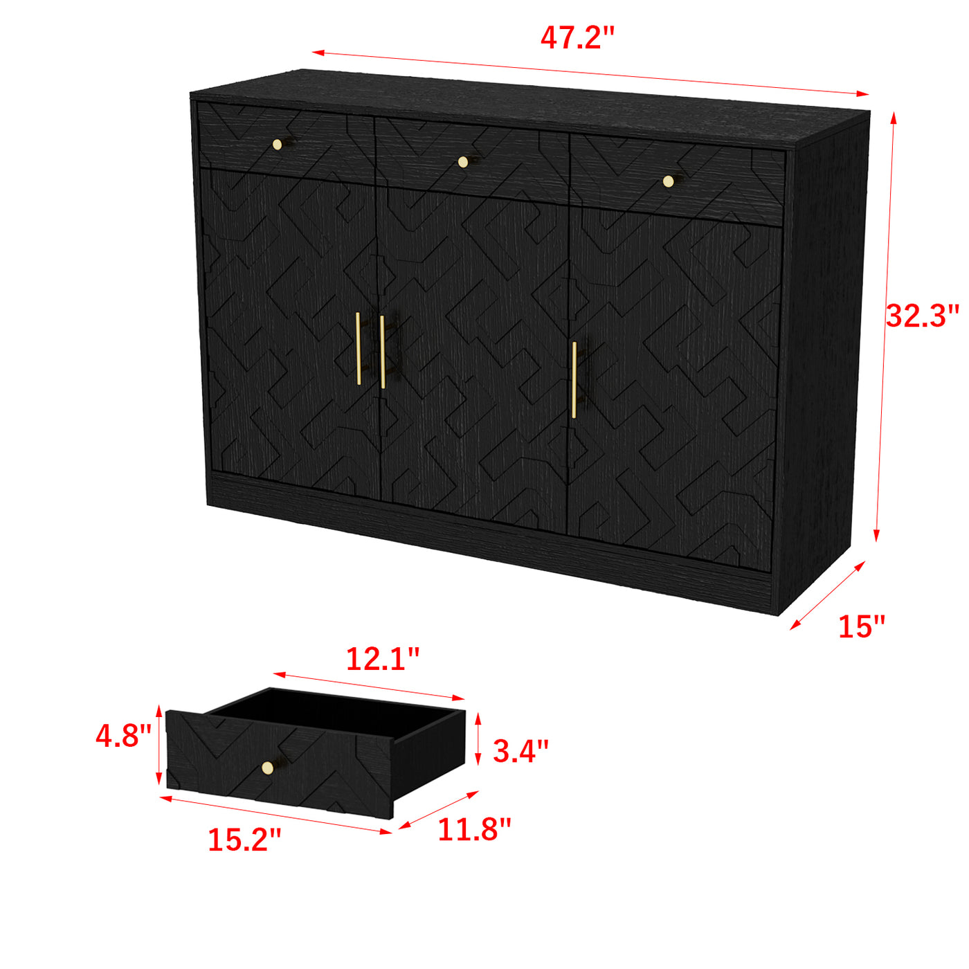47.2" Rustic Black Embossed Accent Cabinet with 3 Drawers and Adjustable Shelves