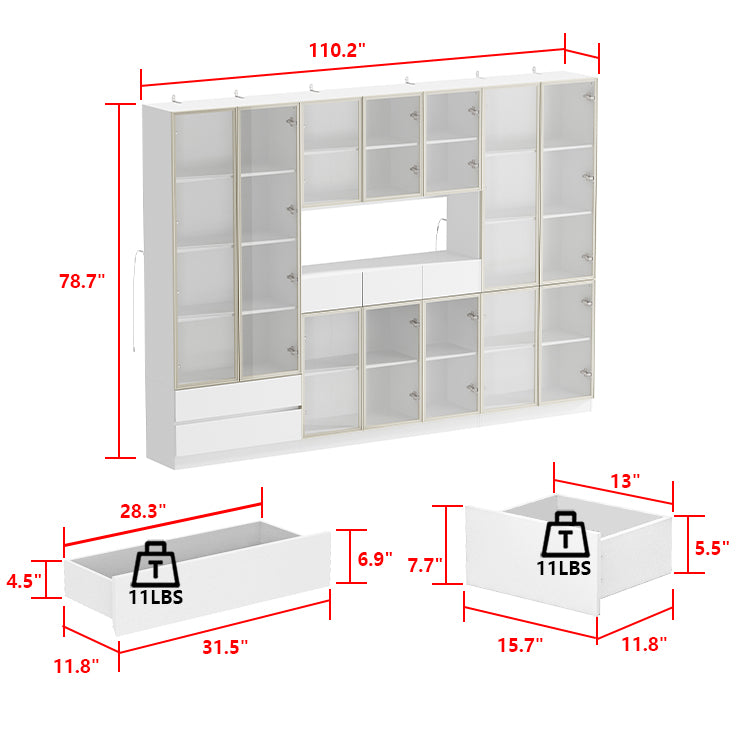 78.7'' H x 110 '' W Combination Bookcase Display Cabinet With Glass Doors & LED Lights