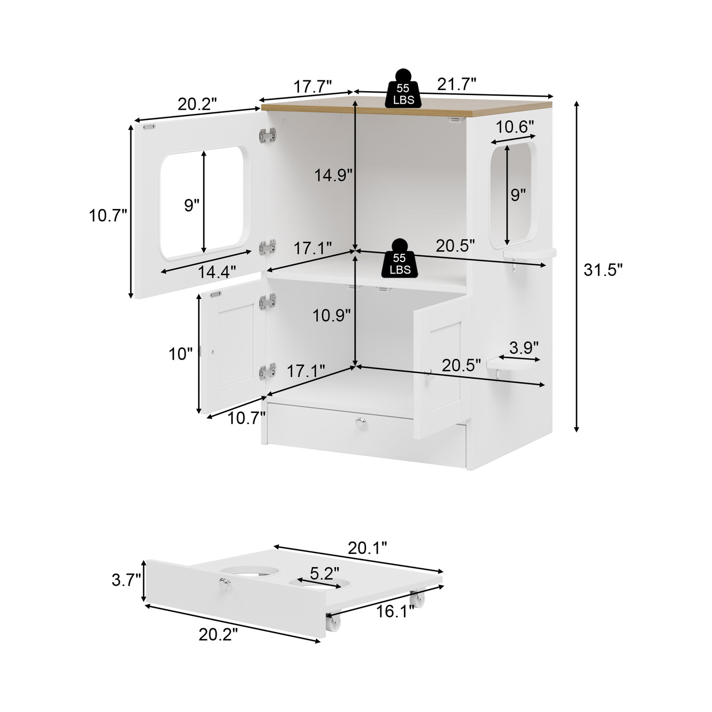 21.7" Modern White Multi-Functional Cat Condo Cabinet with Feeding Station and Storage