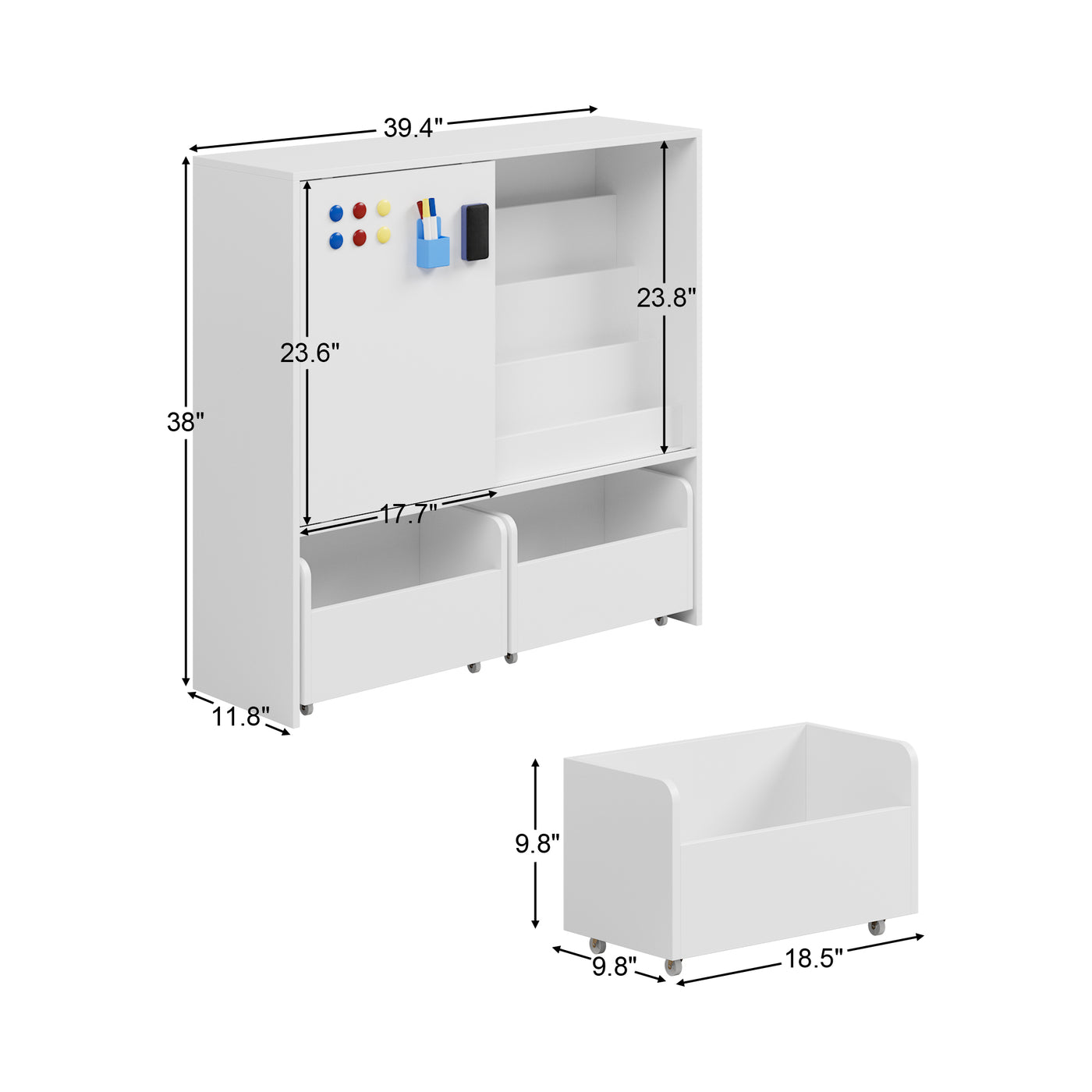 39.4" Modern White Kids Bookcase with Magnetic Whiteboard Doors