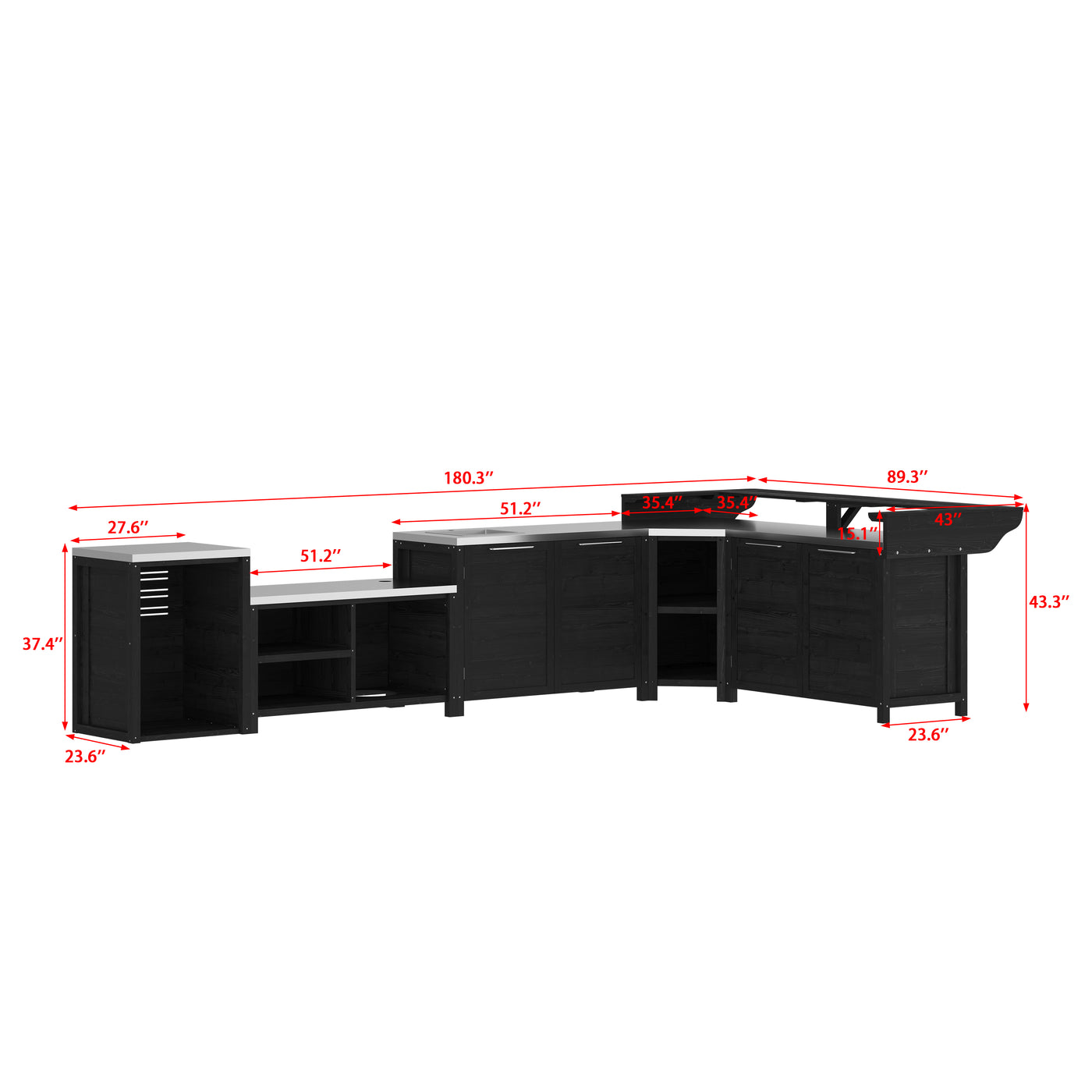 180.3" Modern Natural Solid Cedar Modular Outdoor Kitchen Island with Sink, Stainless Steel Top and Customizable Layout