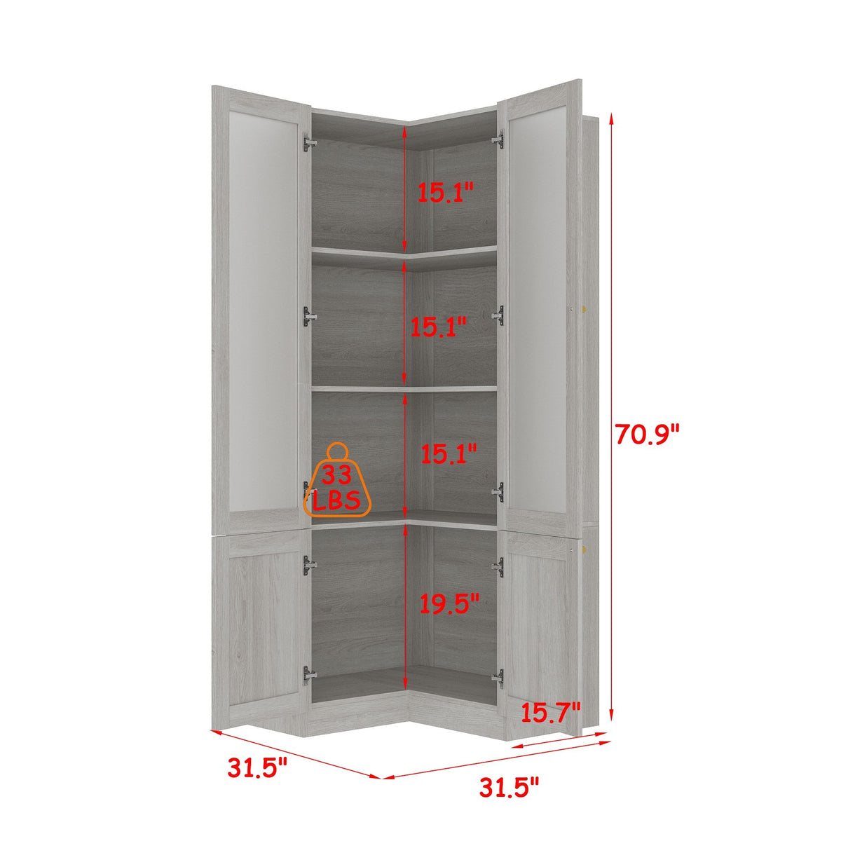 31.5 inches Modern Elegant Natural Corner China Cabinet With Shelves And Frosted Glass Doors