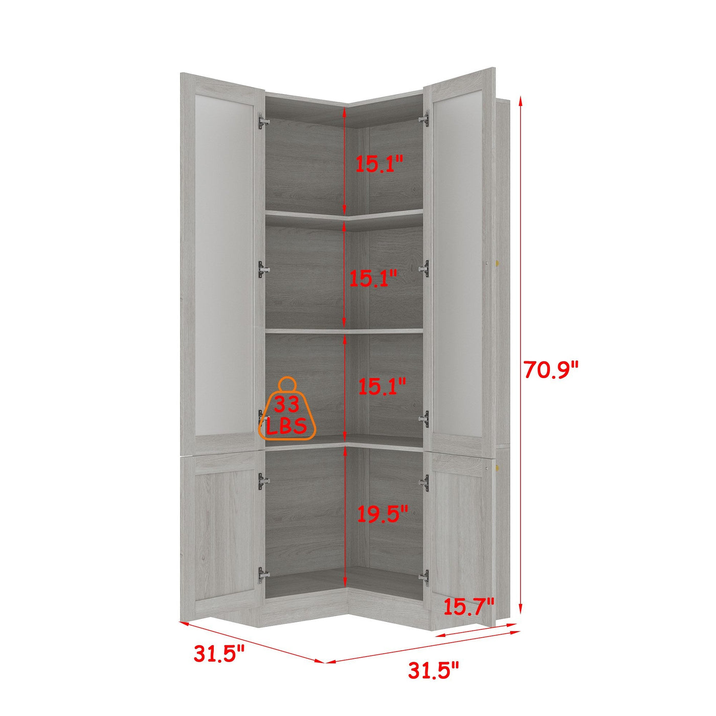 31.5" Modern Elegant Natural Corner China Cabinet With Shelves And Frosted Glass Doors