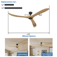 72" Modern Brown Ceiling Fan with 3 Wood Blades
