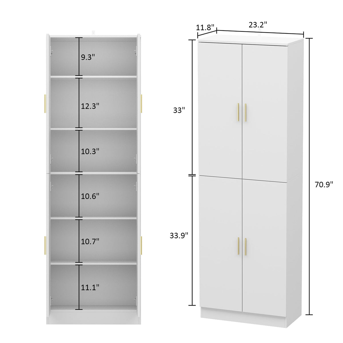 23.2" Modern Minimalist White 6-Shelf Tall Storage Cabinet with Adjustable Compartments