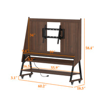 Brown TV stand with open shelves, black metal frame, and caster wheels