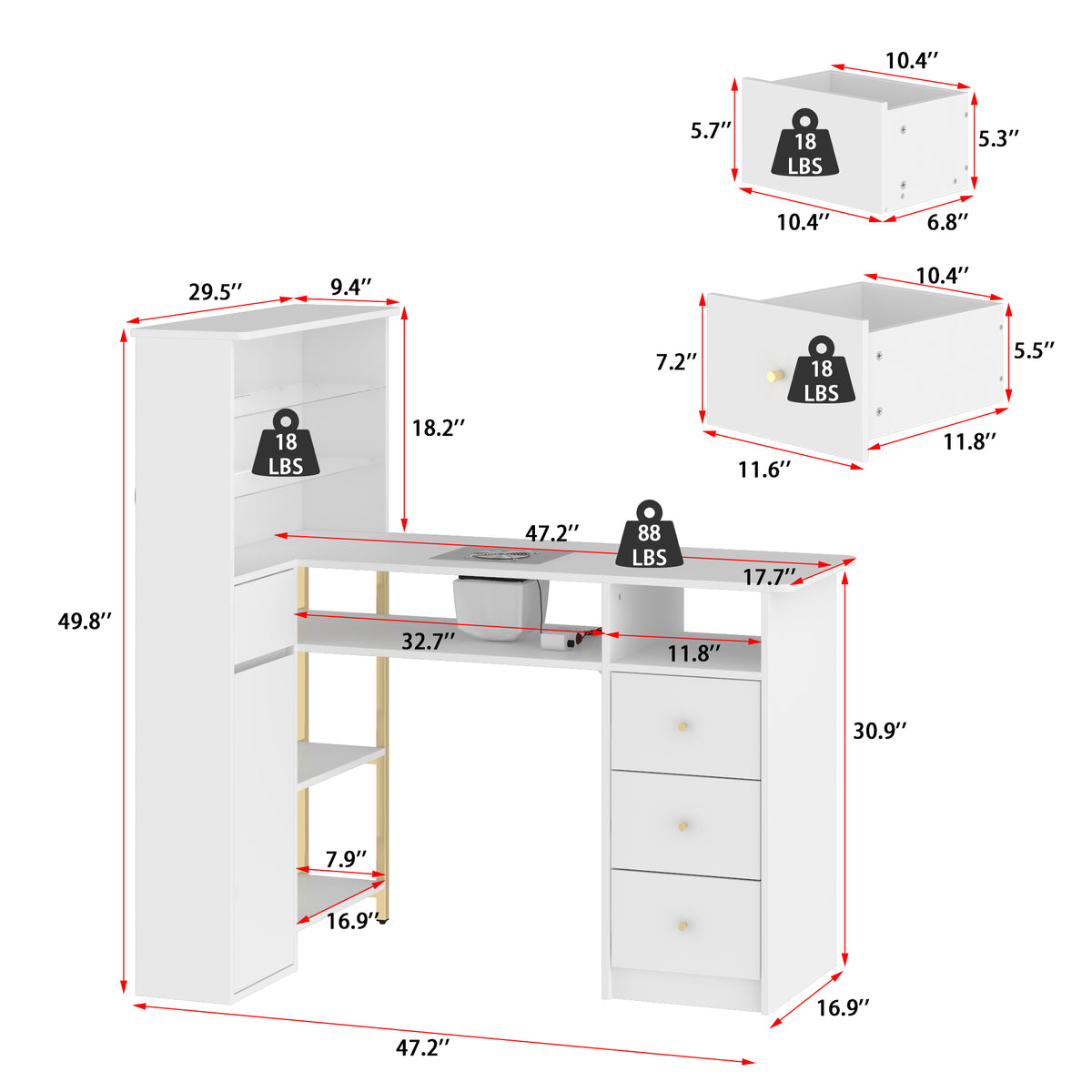 35.4" Modern White L-Shaped Manicure Nail Table with Electric Dust Collector
