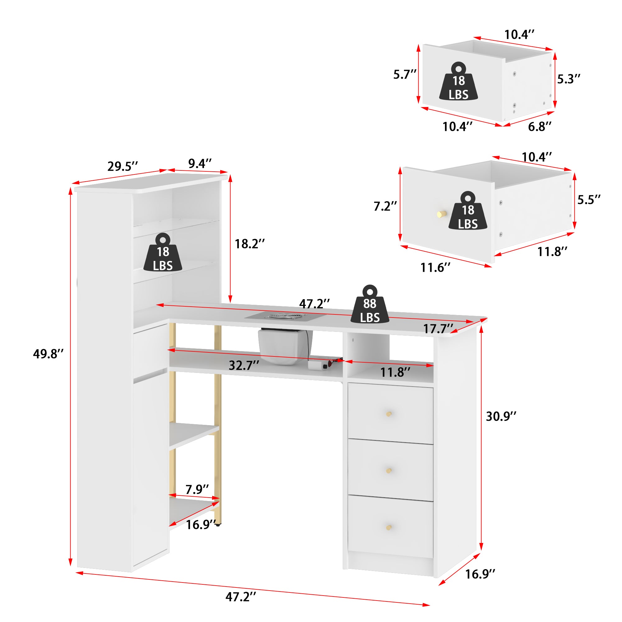 L-Shaped Manicure Nail Table Station With Electric Dust Collector