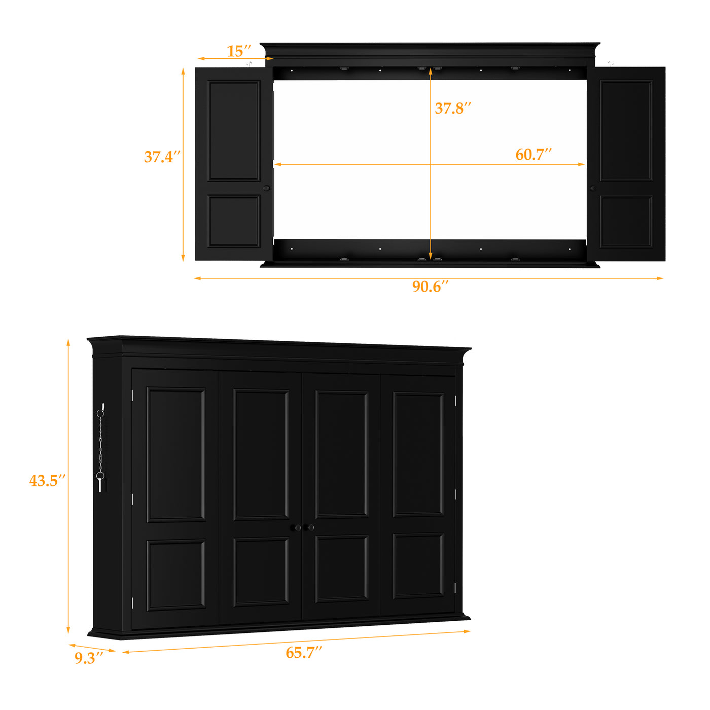 65.7" Black Wall‑Mount Hidden TV Media Cabinet with 4 Panel Doors, Fits Up To 60" TVs