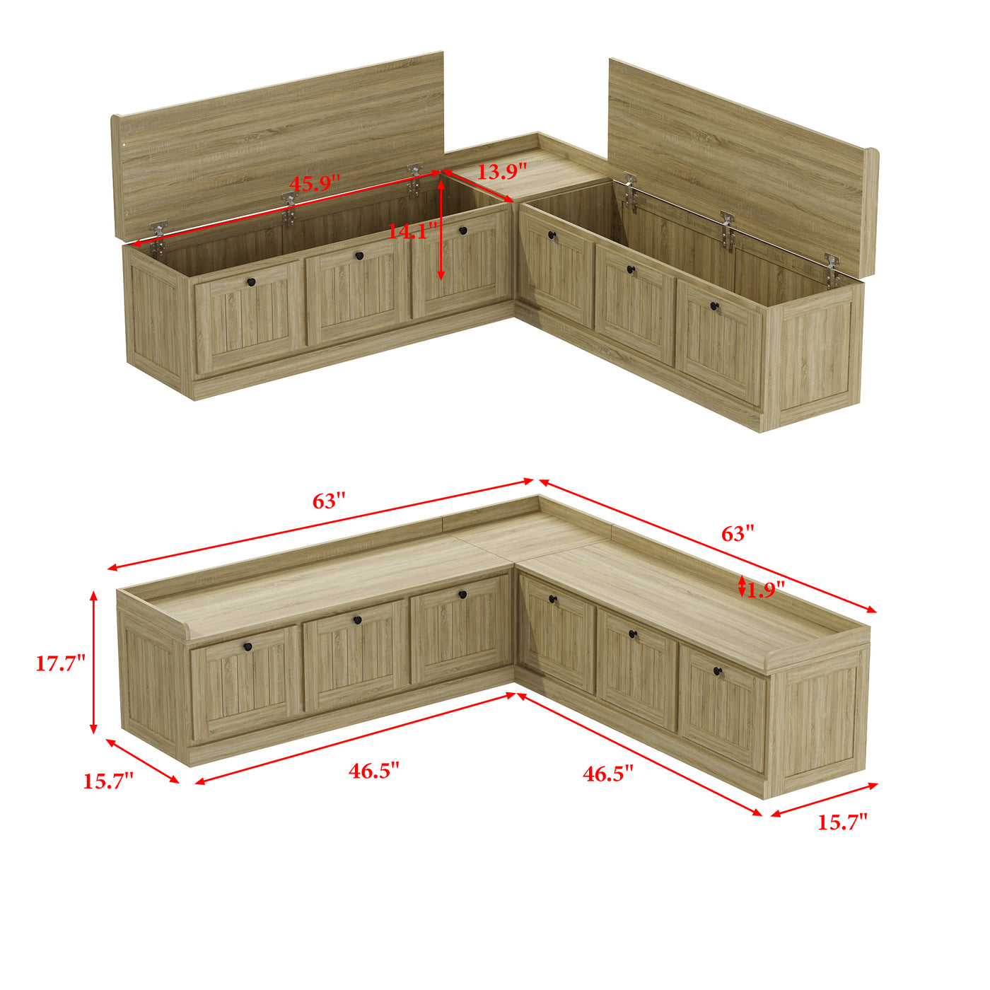 63" Modern Oak Corner Shoe Storage Bench with Flip-top Lid