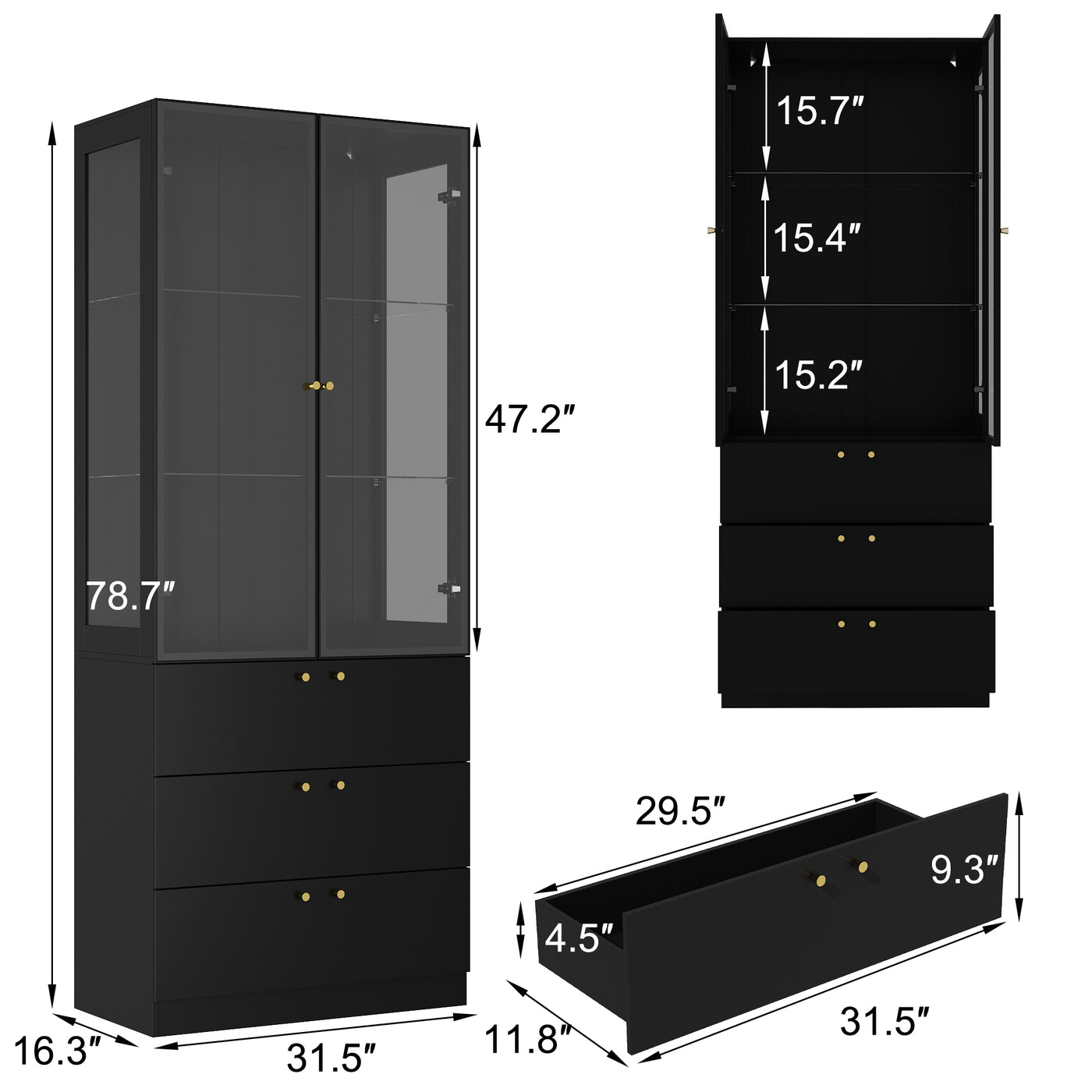 31.5" Modern Black Display Bookcase with LED Light and Glass Doors