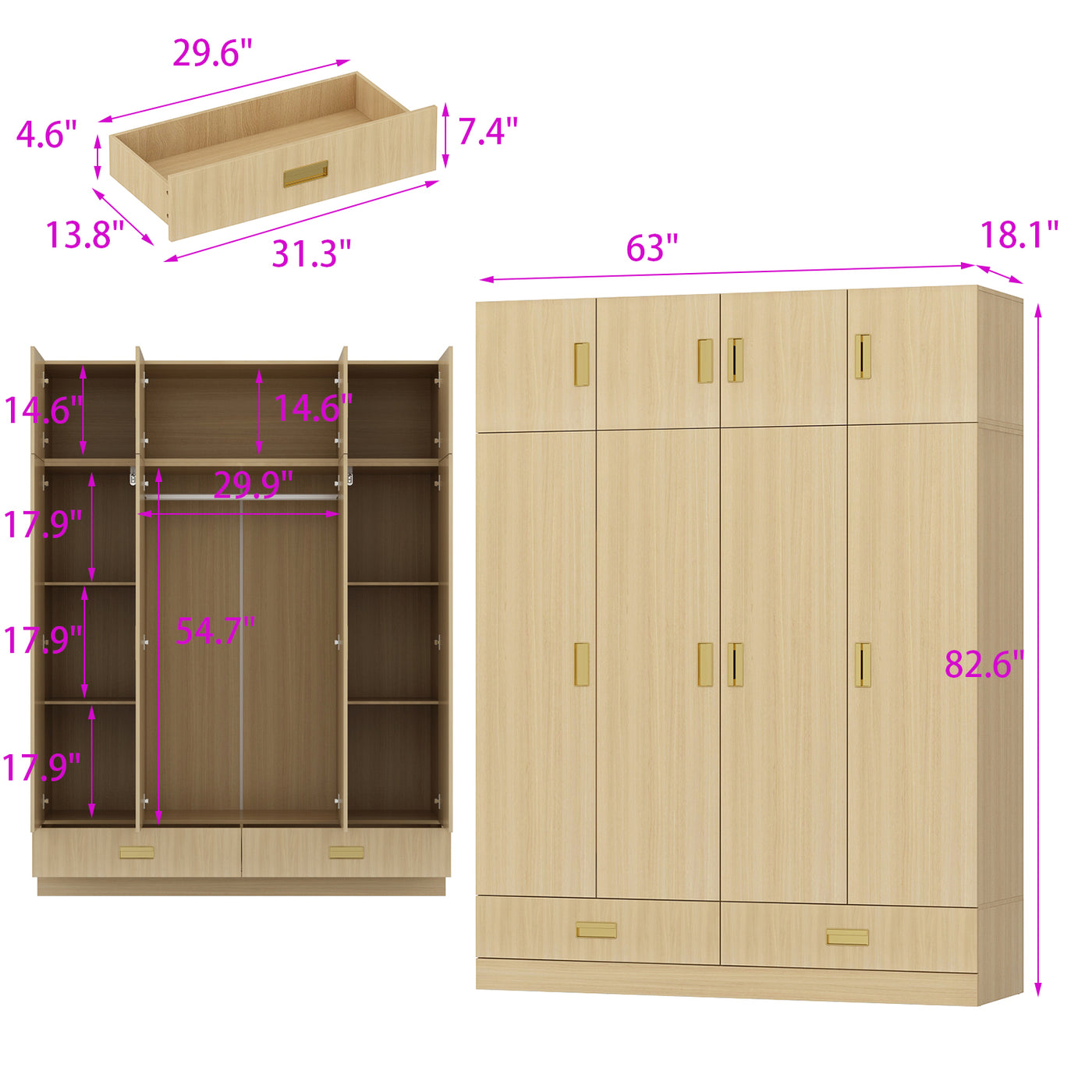 63" Beige Wood‑Grain 8‑Door Armoire Wardrobe with Top Cabinet, Hanging Rod and 2 Bottom Storage Drawers