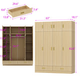 63 inches Beige Wood‑Grain 8‑Door Armoire Wardrobe with Top Cabinet, Hanging Rod and 2 Bottom Storage Drawers