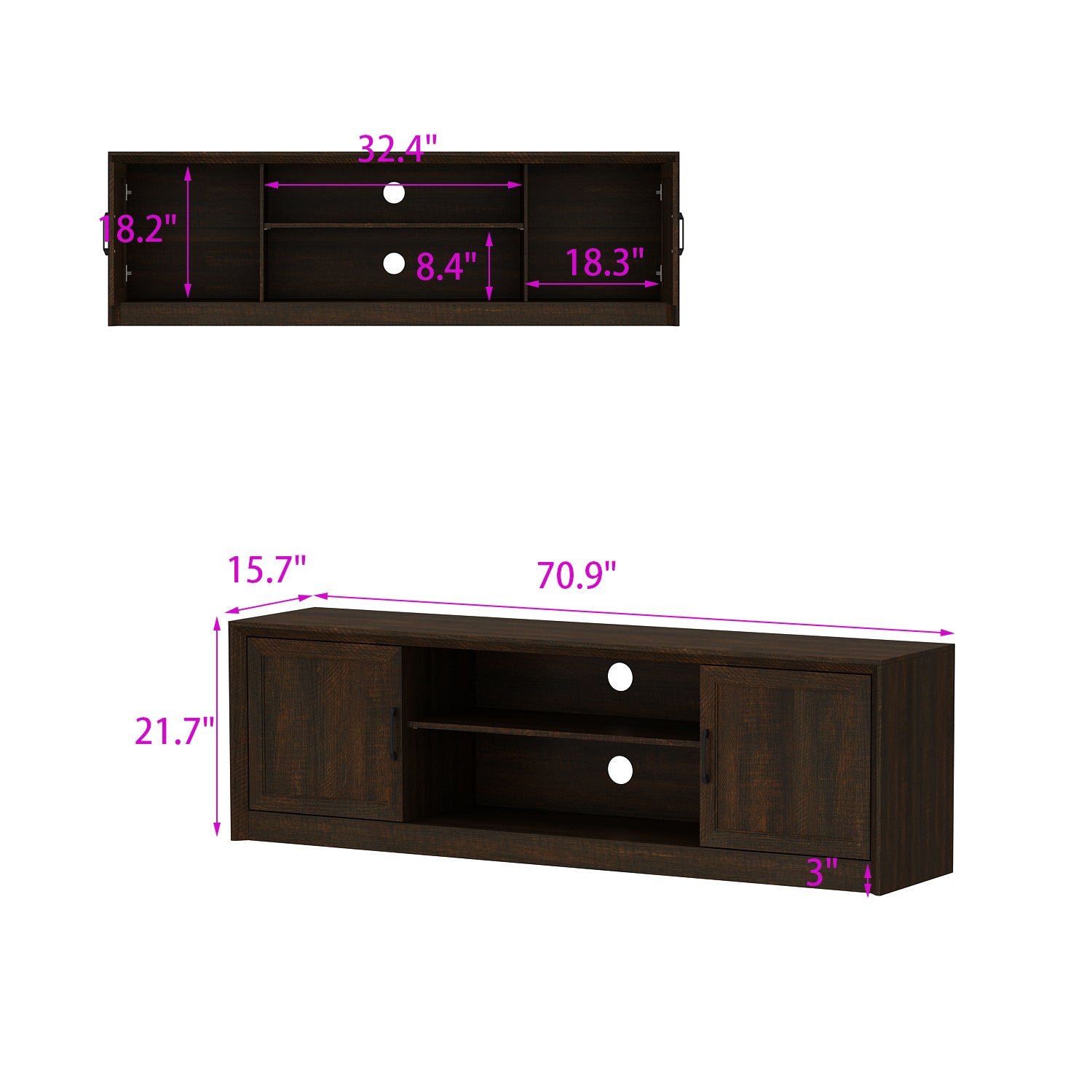 70.9" TV Stand With Adjustable Center Shelf, Black Metal Handles, And Dual Side Cabinets