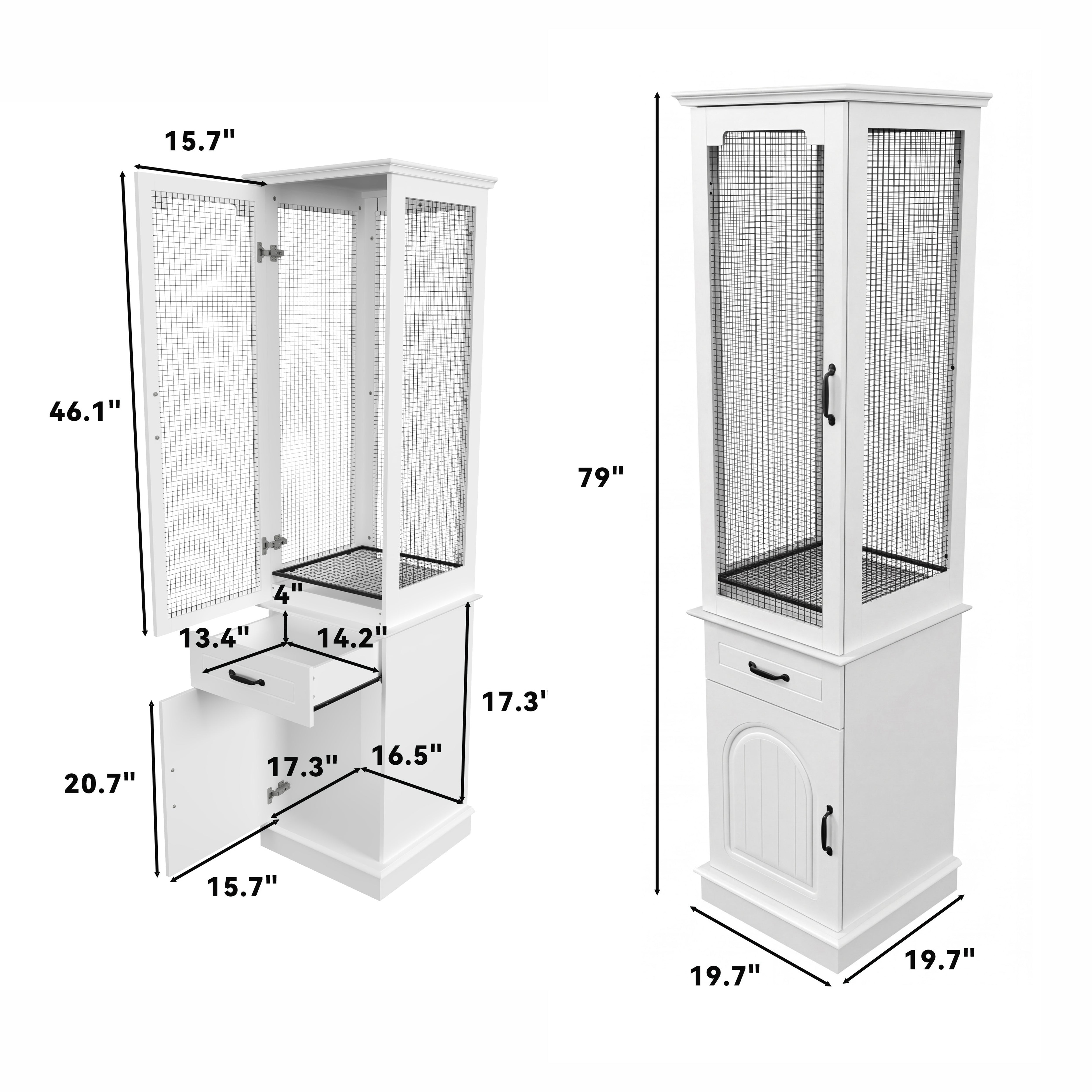 Dimensions of a white pet cage with mesh sides on a white background