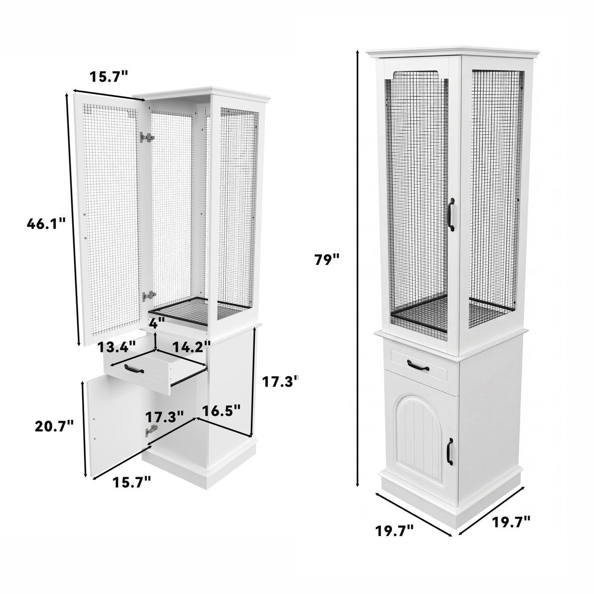 Dimensions of a white pet cage with mesh sides on a white background