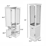 Dimensions of a white pet cage with mesh sides on a white background