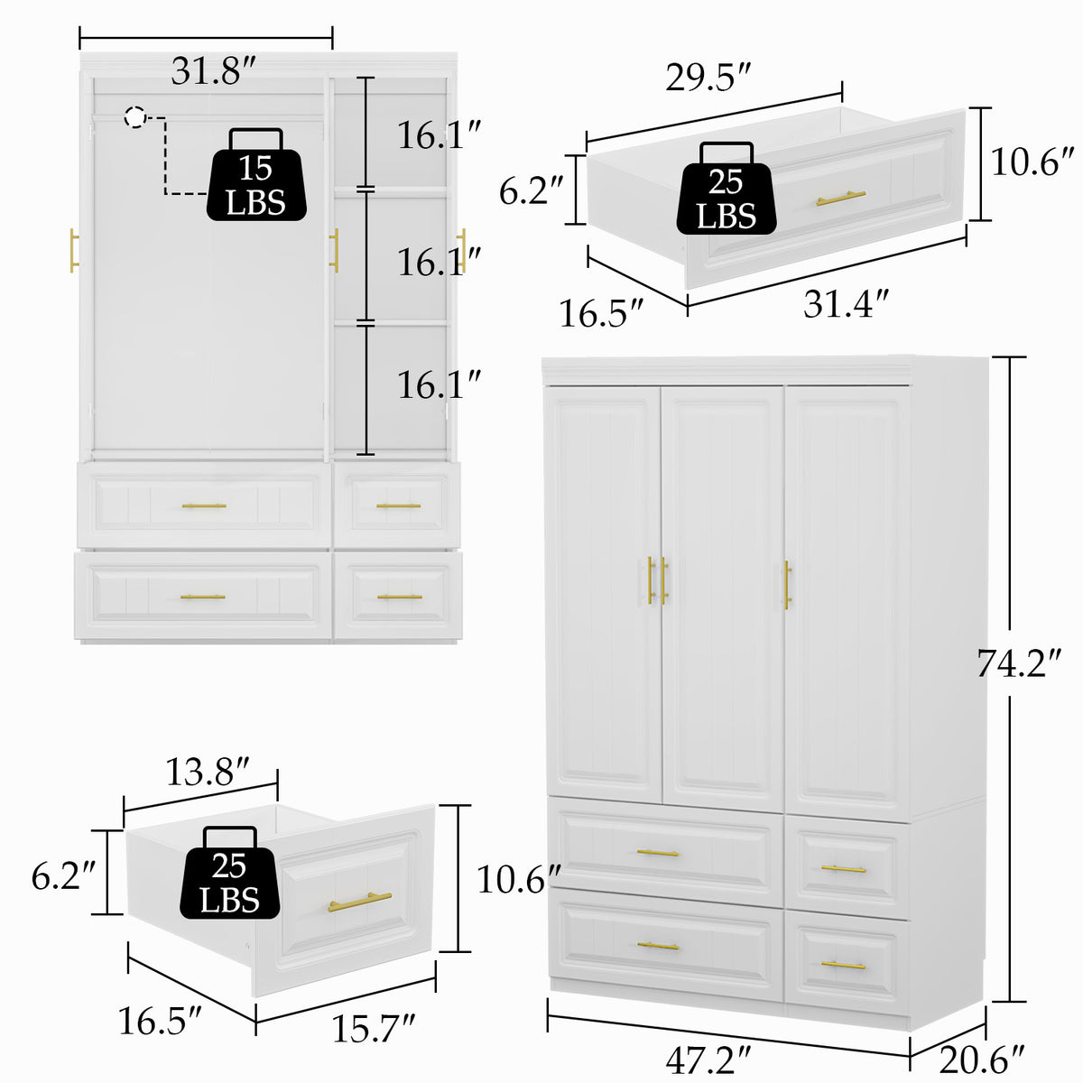White wardrobe with gold handles in a modern bedroom setting