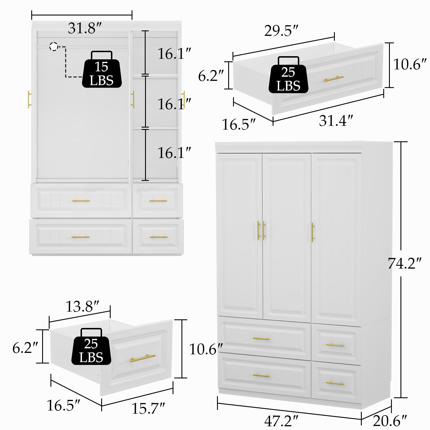 47.2 inch Modern MDF Armoire with 3 Doors
