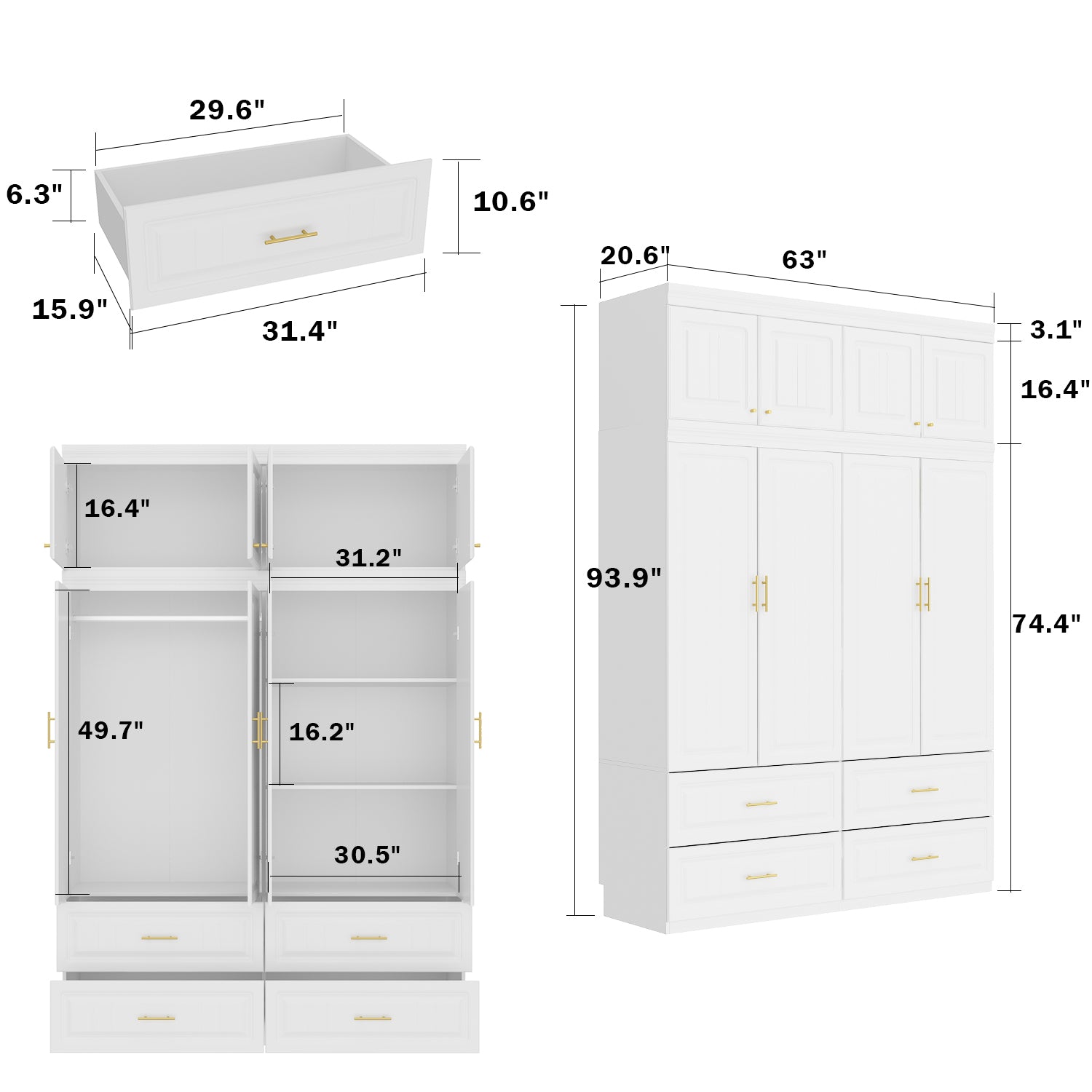 63" Modern White Vacuum-Formed Armoire with Top Cabinet, 4 Doors and 4 Drawers
