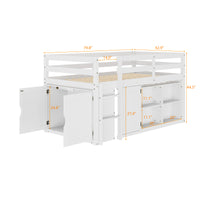 White kids loft bed with storage cabinets, shelves, and ladder