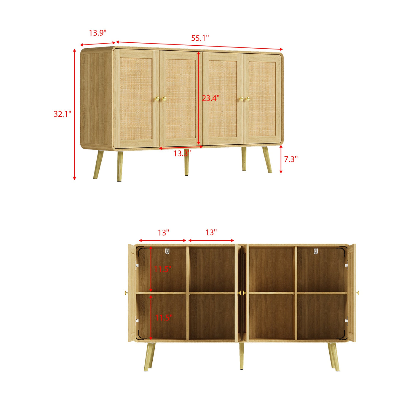 55" Mid-Century Natural Sideboard With Rattan Doors And Adjustable Shelves