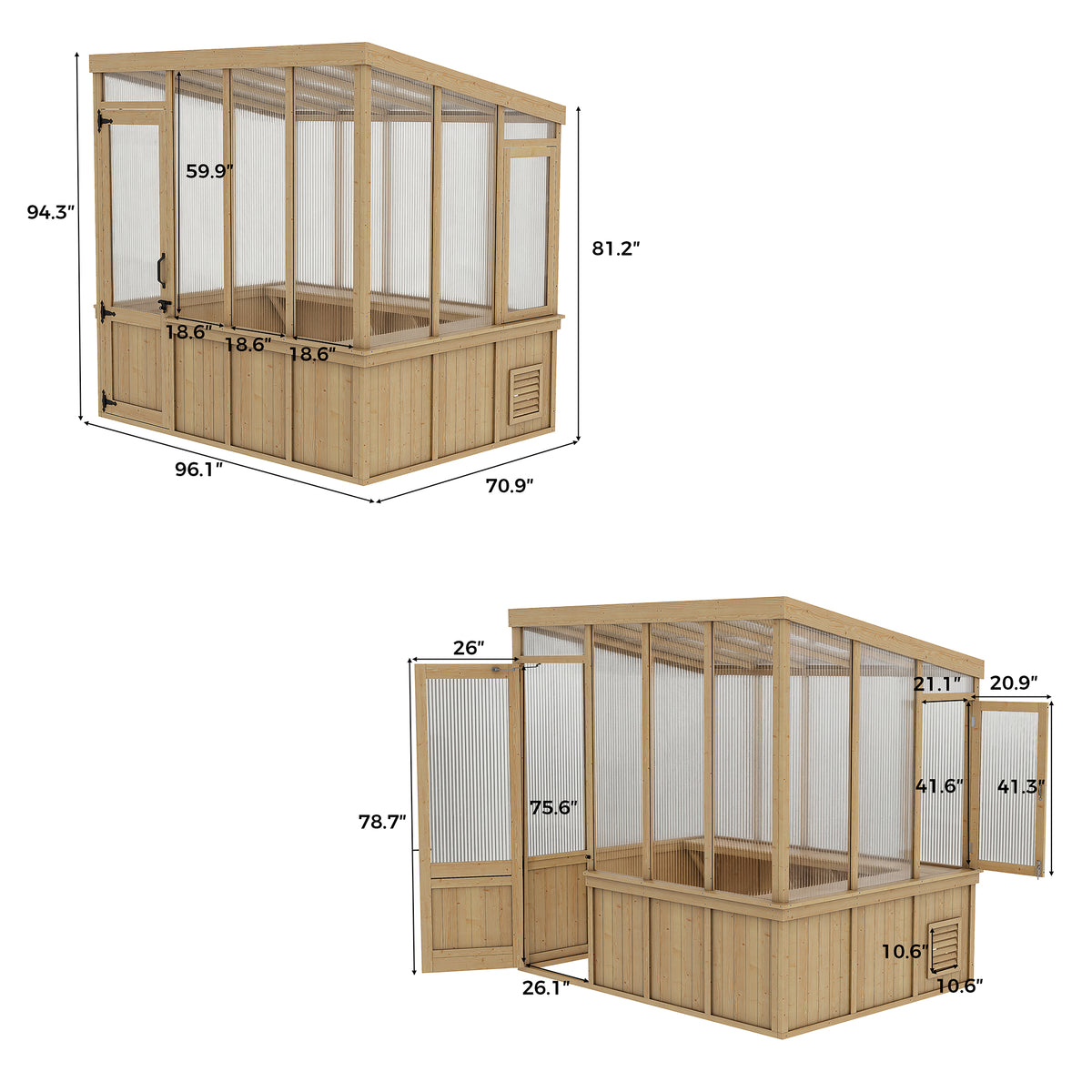 Dimensions of a wooden outdoor gazebo with clear panels on a white background