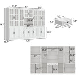 White bookcase set with glass doors, lower cabinets, and center open shelves