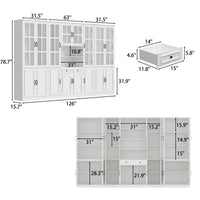 White bookcase set with glass doors, lower cabinets, and center open shelves