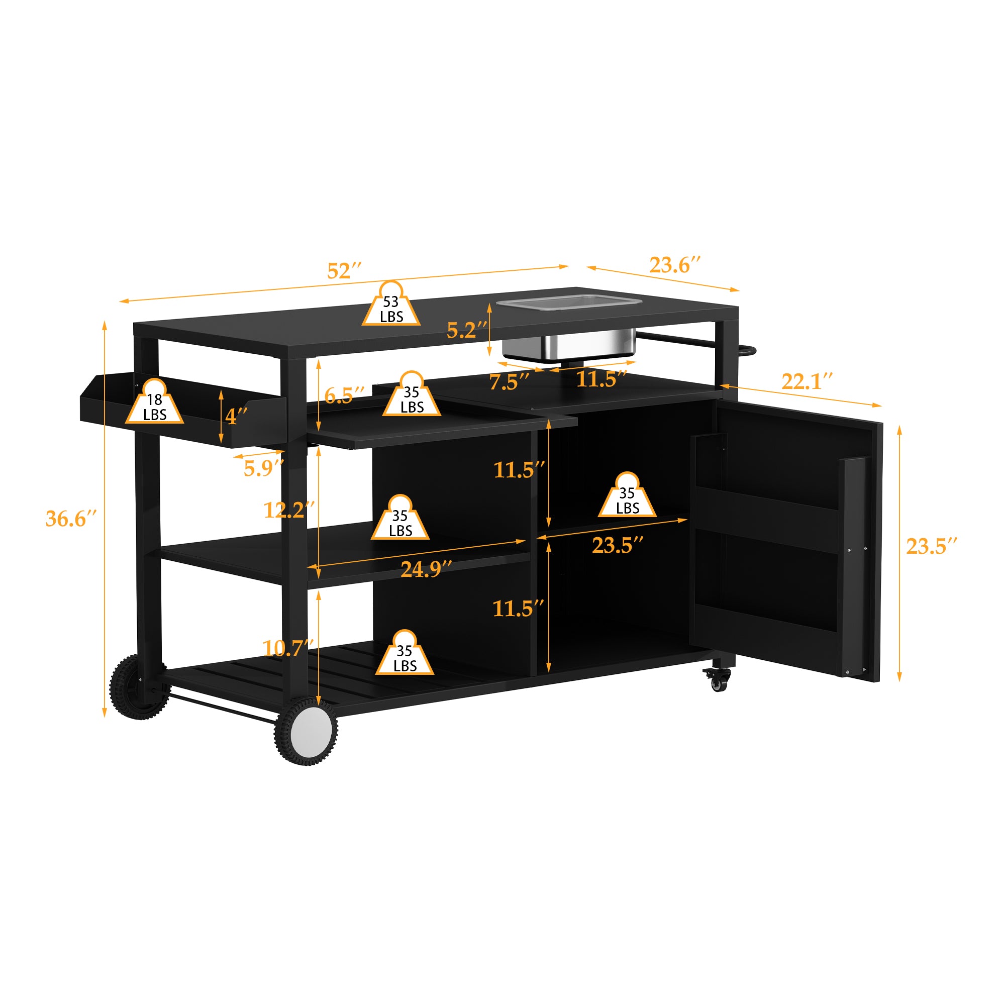 Black outdoor kitchen island cart with side shelf, storage cabinet, sink, and wheels