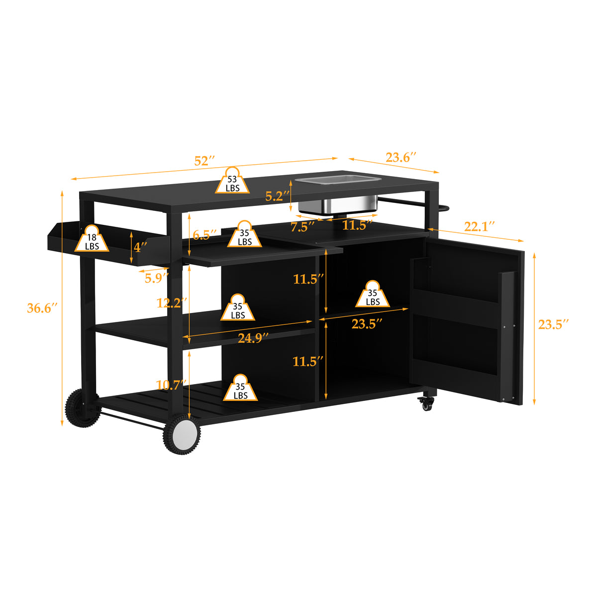 Black outdoor kitchen island cart with side shelf, storage cabinet, sink, and wheels