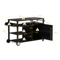 Black outdoor kitchen island cart with side shelf, storage cabinet, sink, and wheels