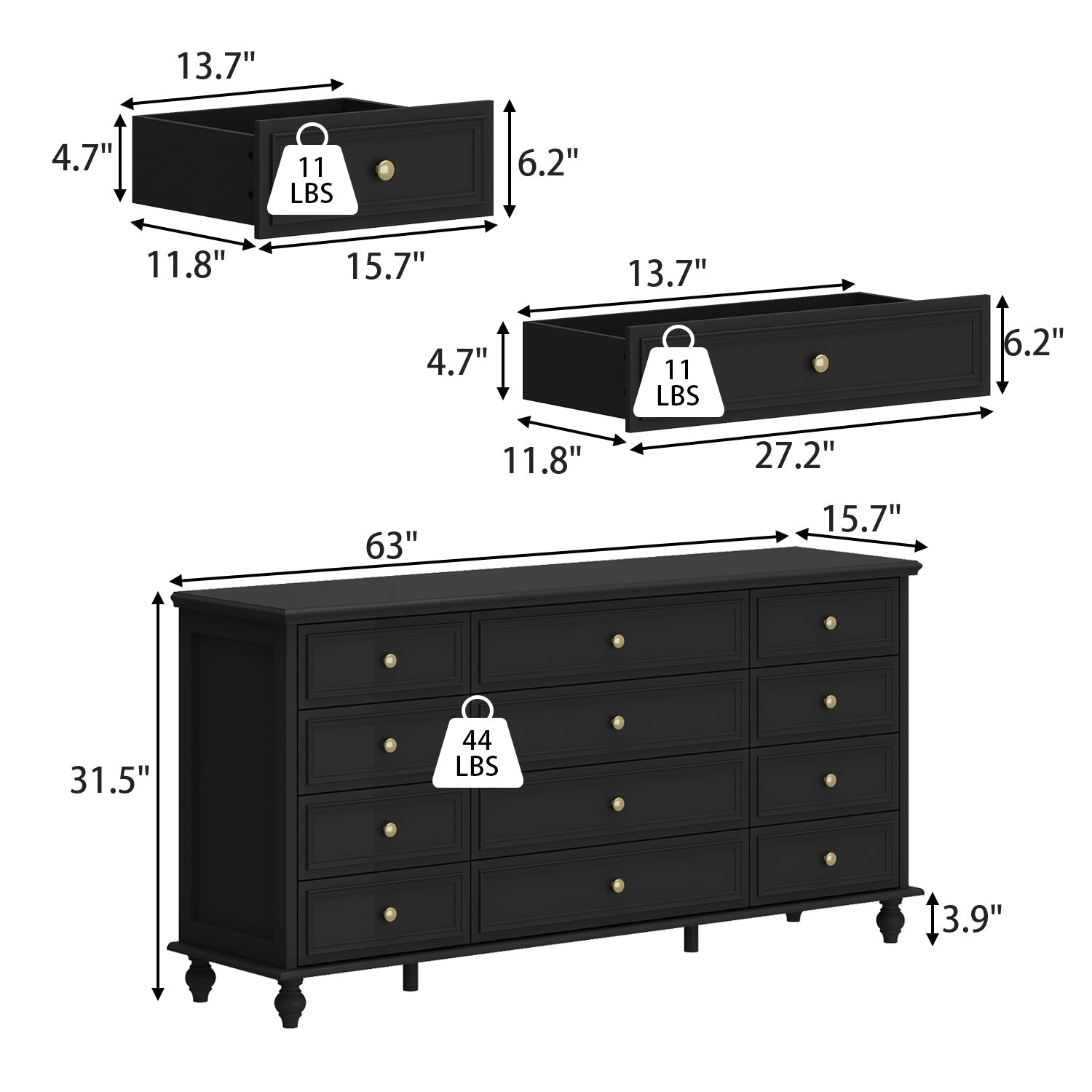 Dresser with 12 Drawers Chest of Drawers Triple Dresser Wide Console Table