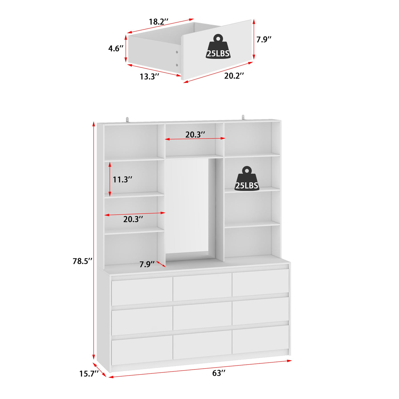 63" Modern Minimalist White Closet System With 9 Drawers And Central Mirror