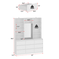 63" Modern Minimalist White Closet System With 9 Drawers And Central Mirror