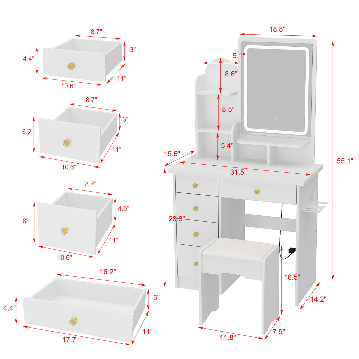 31.5" Modern White Glam Makeup Vanity Set with Socket, LED Light and Stool