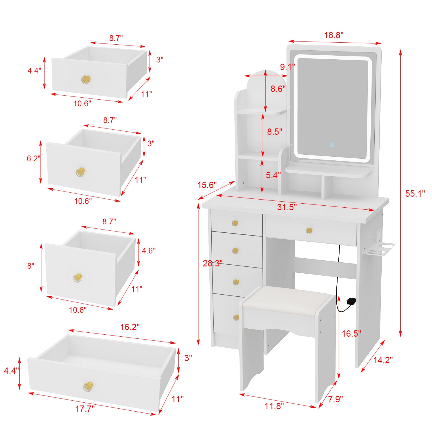 55.1'' H Glam Makeup Vanity Set With Socket , LED Light, Stool