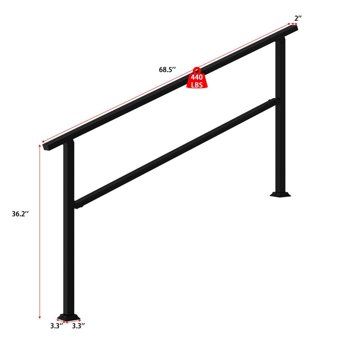 68.5" Minimalist Satin Black Stair Banister with Adjustable Angle