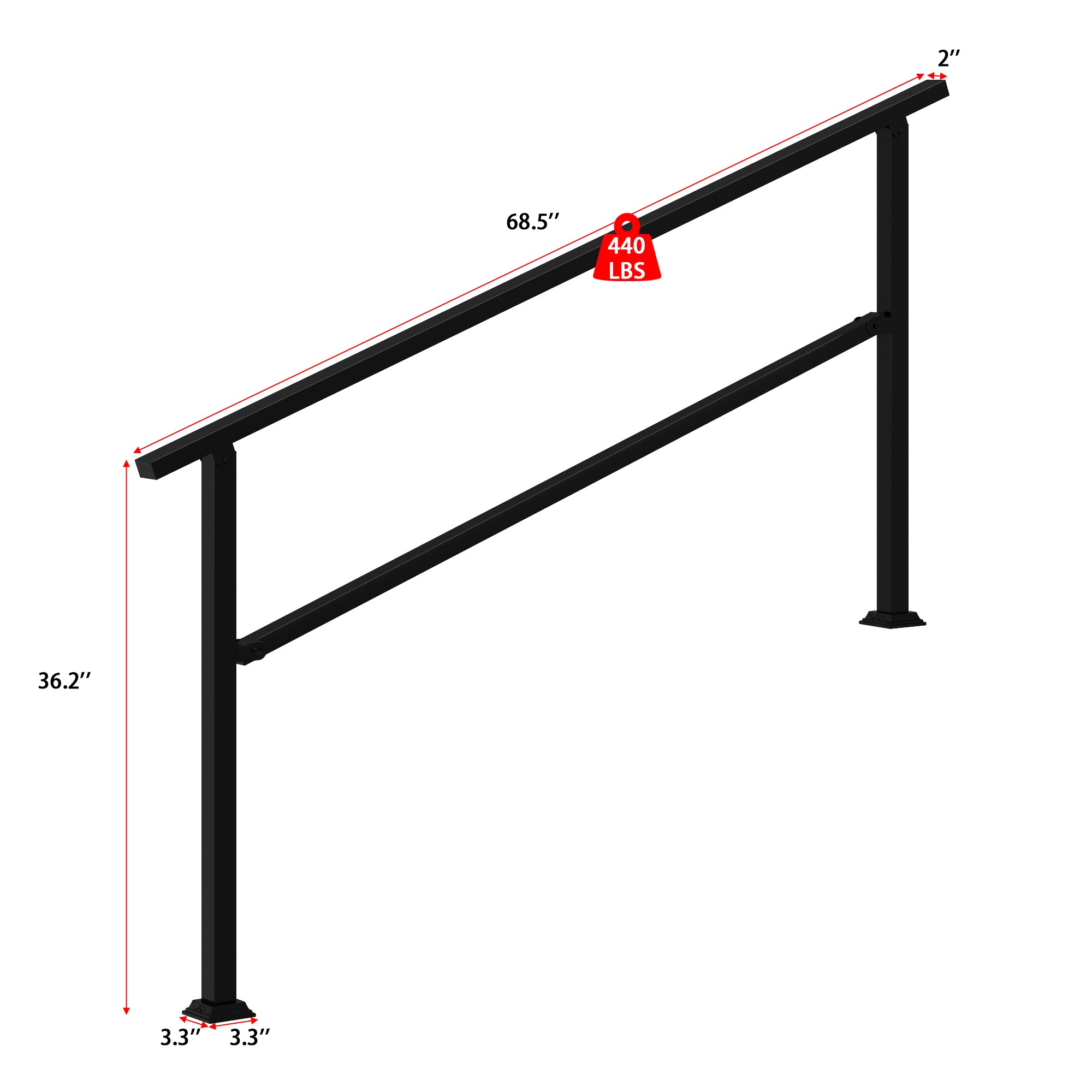 68.5 inch Minimalist Satin Black Stair Banister with Adjustable Angle