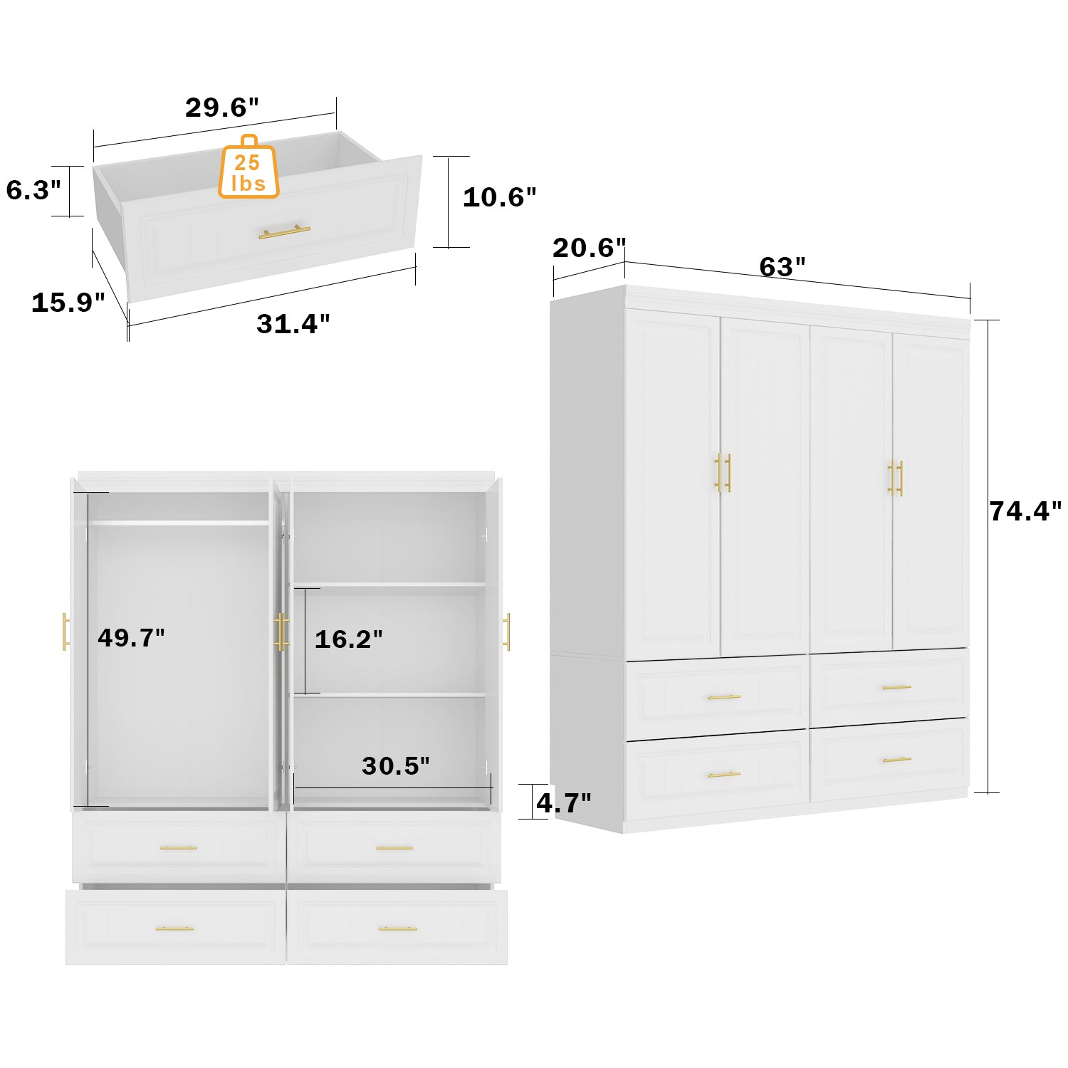 Family Cabinet Wardrobe Bedroom Armoire Home Closet 4 Doors and Drawers