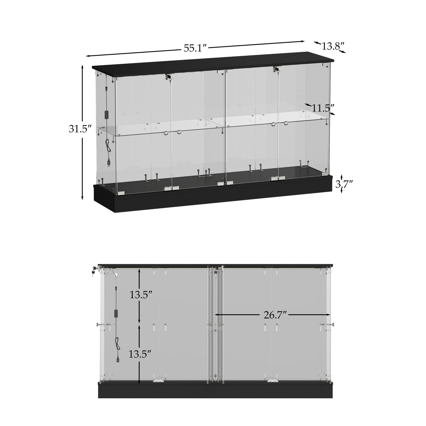 55.1" Modern Black Sideboard Display Case with LED Lighting & Full Glass Design