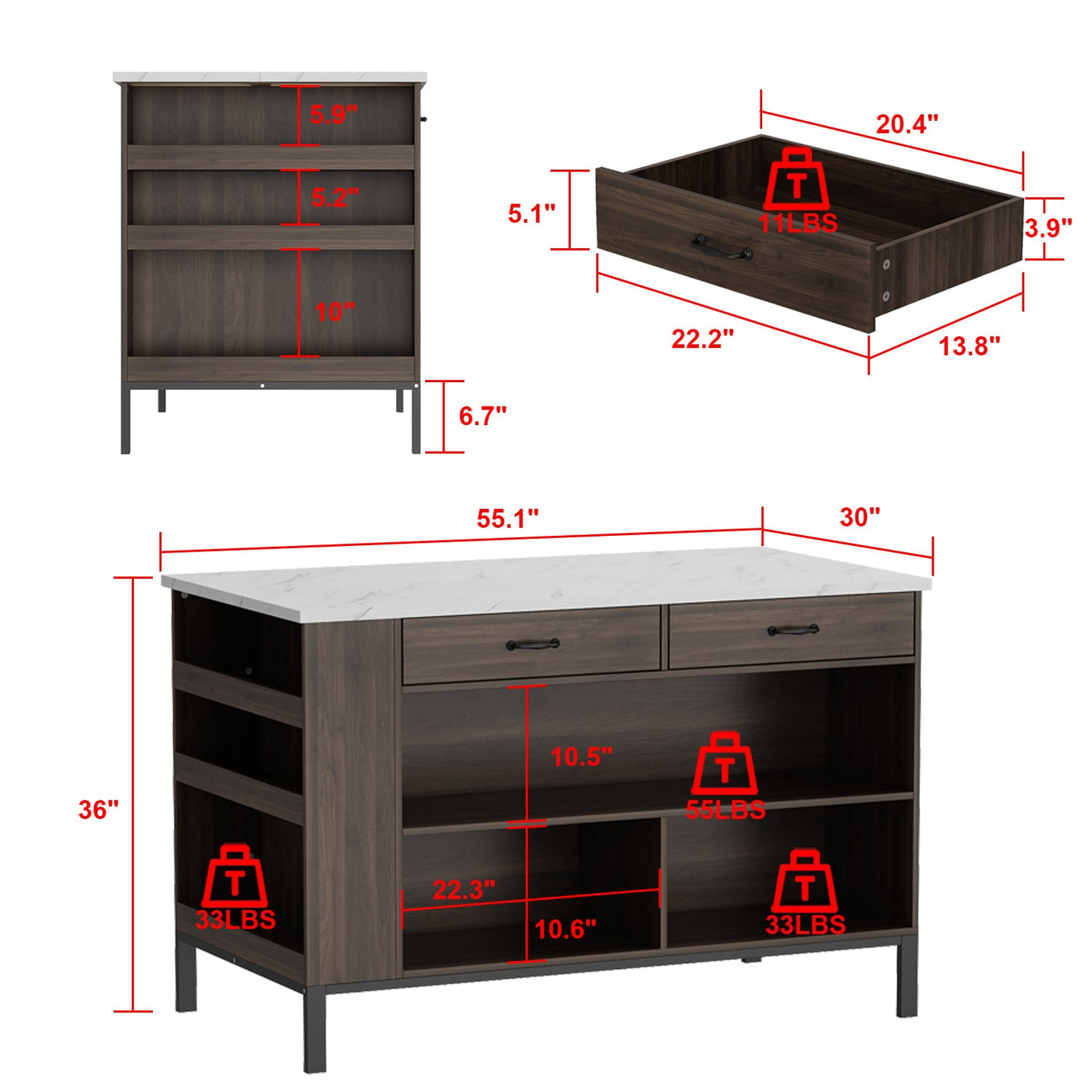 55.1" Modern Kitchen Island with 2 Drawers and Open Storage Shelves