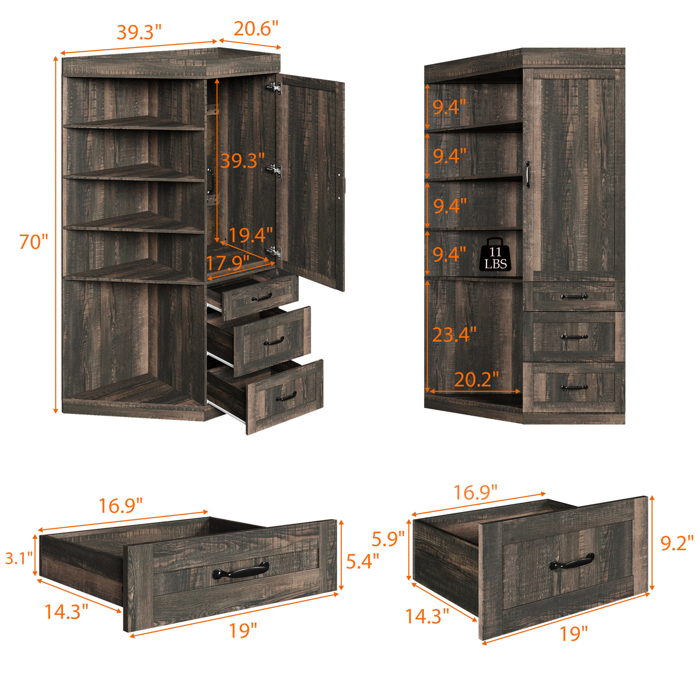 39.3" Trapezoid Brown Bookcase Storage Cabinet with 5-Tier Shelves