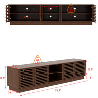 78.7" Mid-Century Walnut TV Stand With Slatted Doors, Open Shelves, And Cable Management