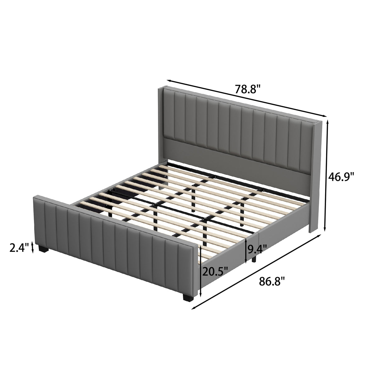 King Size Modern Gray Bed with Padded Headboard