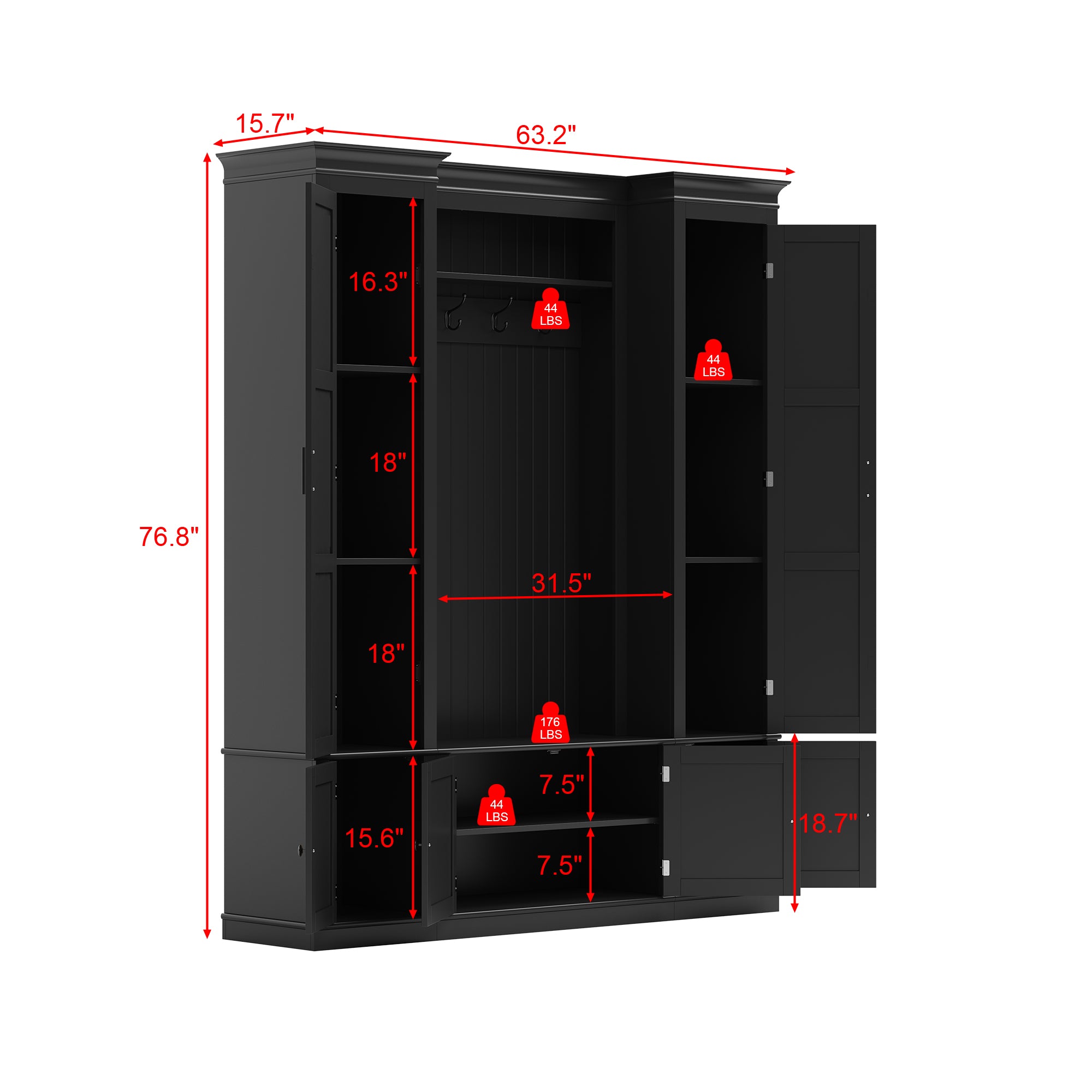 63.2 inches Black Farmhouse 4‑In‑1 Hall Tree Entryway Organizer with Coat Rack, Shoe Storage Bench & Rattan Side Cabinets