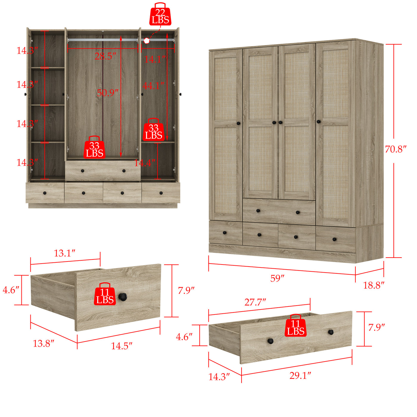 63" Rustic 4-Door Wardrobe Armoire with Rattan Paneling, 6 Drawers & 2 Hanging Rods